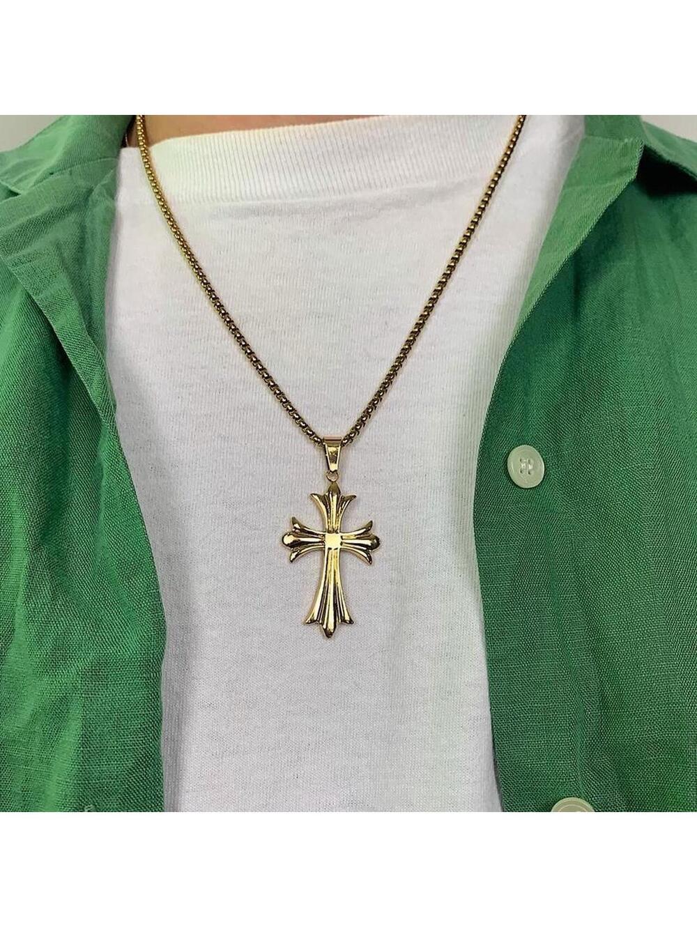 Gothic Gold Big Cross pendant stainless steel necklace